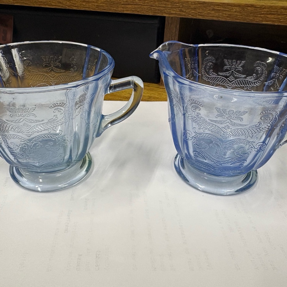 Indiana Madrid blue Glass sugar creamer set. Perfect for serving tea in class.